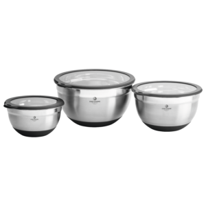 Edelstahl Schüssel Set mit Glasdeckeln und Silikon-Fuß
